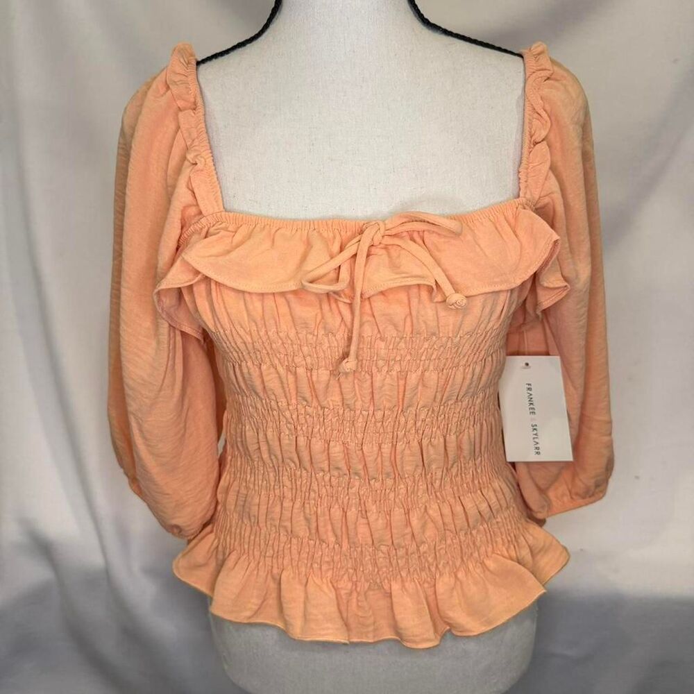 Frankee & Skylarr Peach Smocked Ruffle Puff Sleeve Blouse Square Neck Top NWT